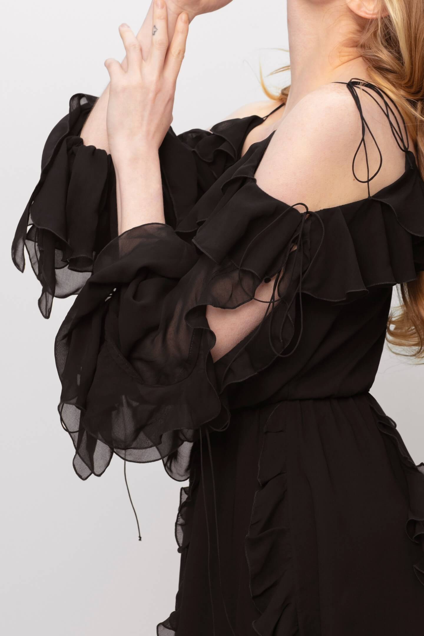 Model in Model in Morning Forest black mini dress details